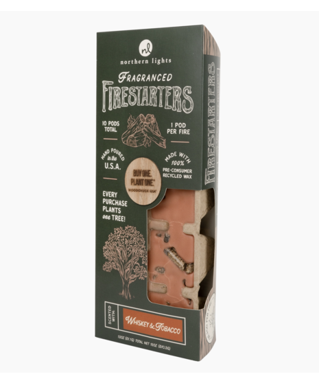 Pack of 10 eco-friendly firestarter pods scented with Citronella, Evergreen Forest, or Whiskey & Tobacco. Every purchase plants a tree.